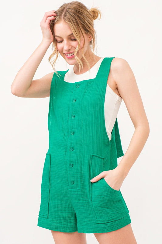 Button Up Tie Back Sleeveless Romper in GreenRomperAnd the Why