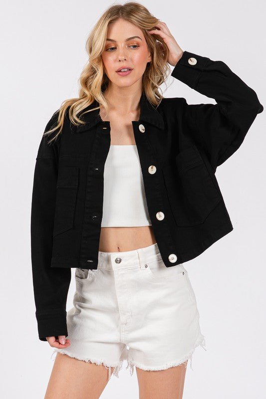 BYTOS - Black Button Down Cropped Denim Jacket