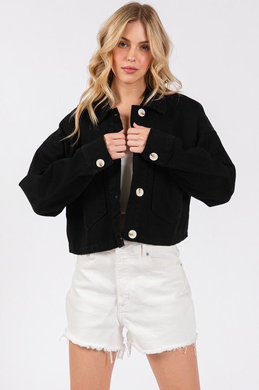 BYTOS - Black Button Down Cropped Denim Jacket