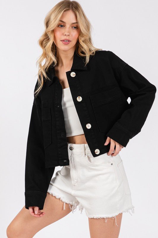 BYTOS - Black Button Down Cropped Denim Jacket