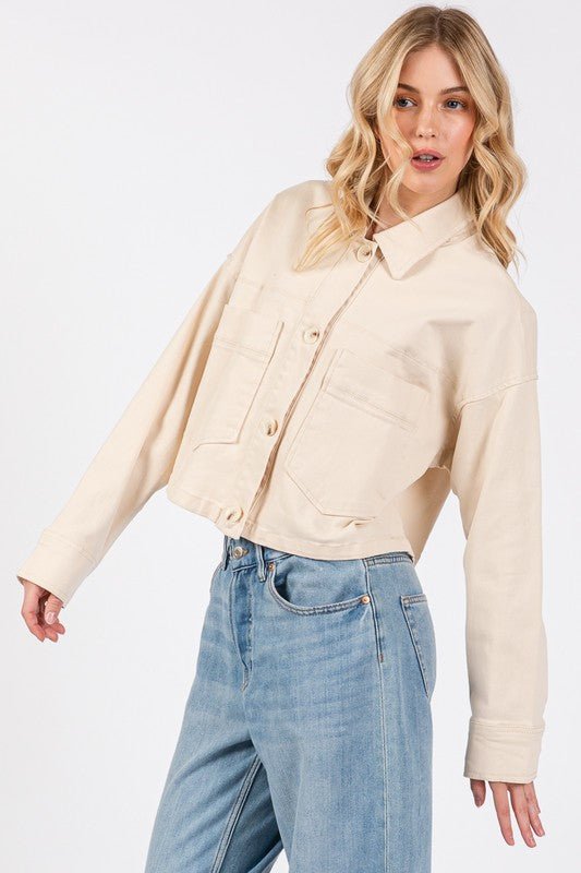 BYTOS - Button Down Cropped Denim Jacket in Tan