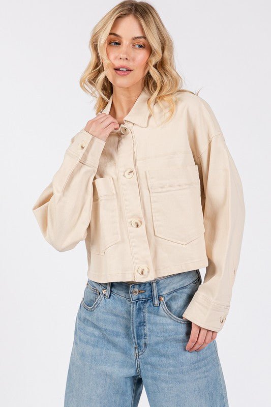 BYTOS - Button Down Cropped Denim Jacket in Tan