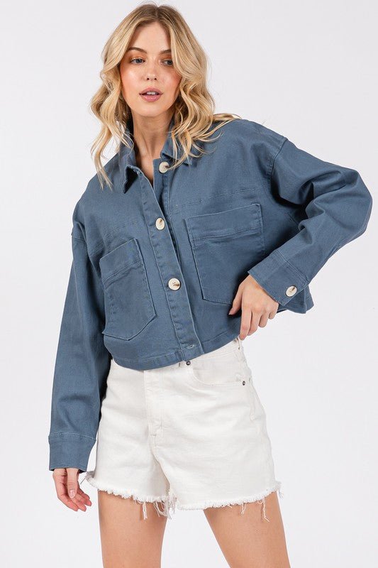 BYTOS - French Blue Button Down Cropped Denim Jacket