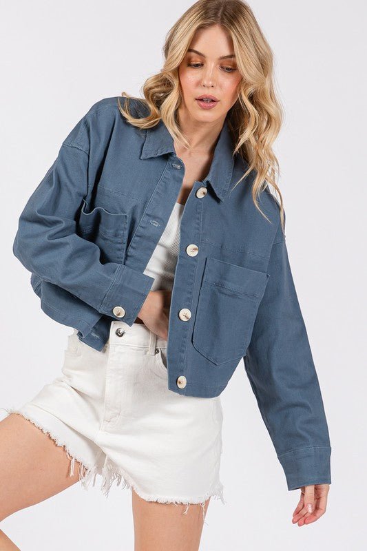 BYTOS - French Blue Button Down Cropped Denim Jacket