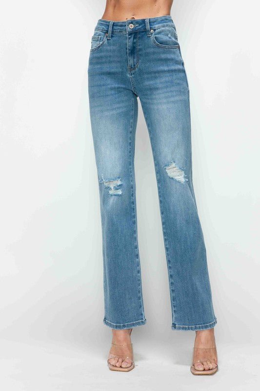 BYTOS - Medium Wash Distressed High Rise Straight Leg Jeans