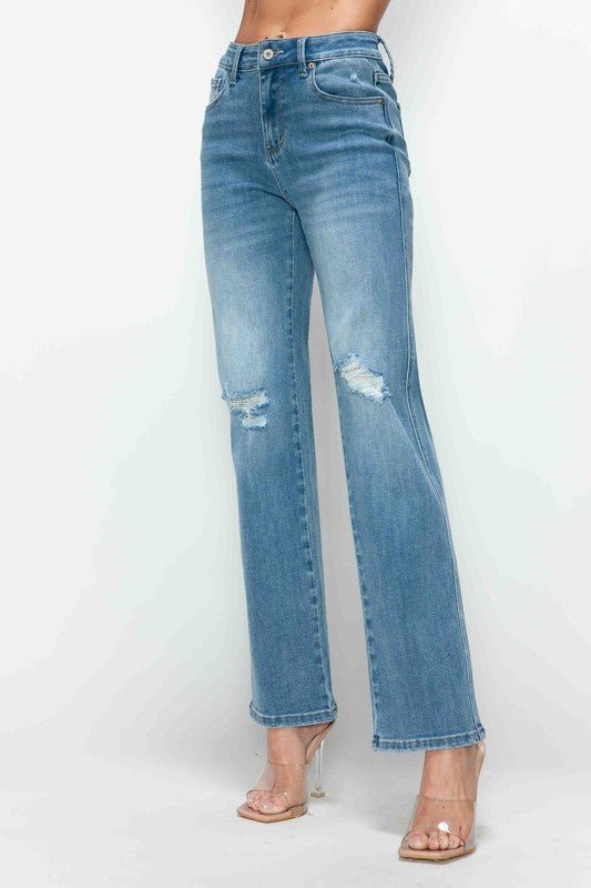 BYTOS - Medium Wash Distressed High Rise Straight Leg Jeans