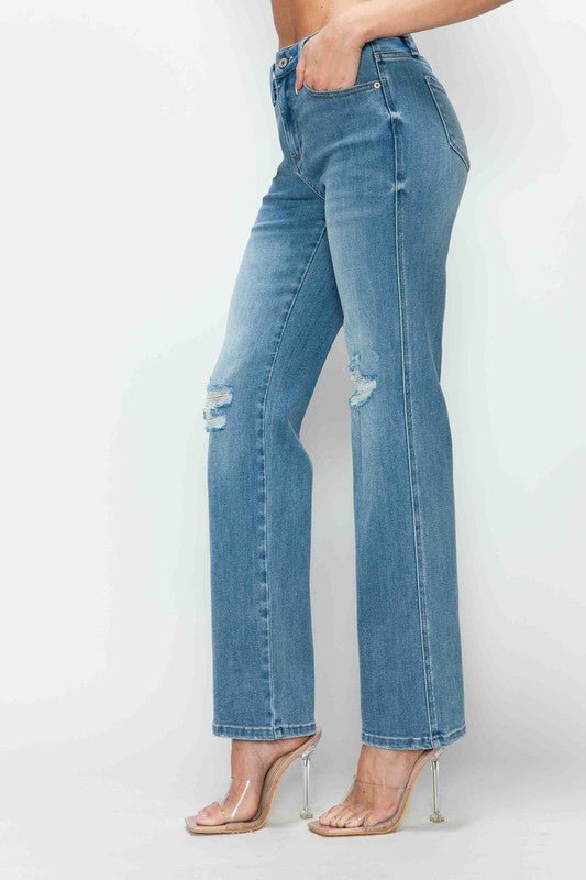 BYTOS - Medium Wash Distressed High Rise Straight Leg Jeans