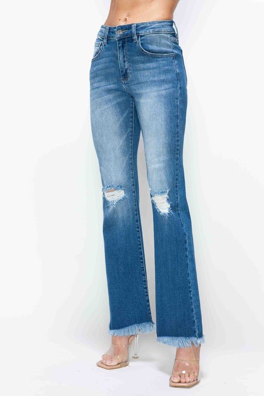 BYTOS - Medium Wash Raw Hem Distressed High Rise Bootcut Jeans