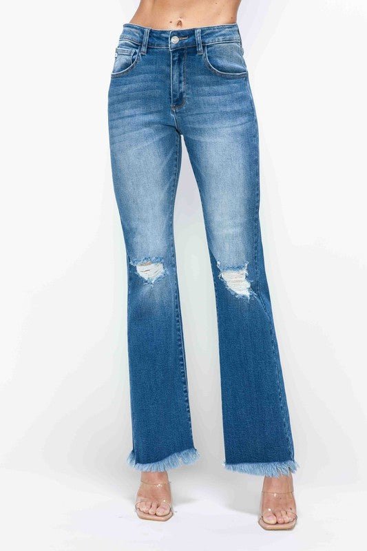 BYTOS - Medium Wash Raw Hem Distressed High Rise Bootcut Jeans