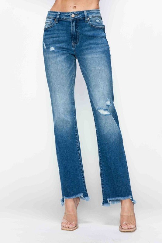 BYTOS - Medium Wash Raw Hem Distressed Mid Rise Straight Leg Jeans