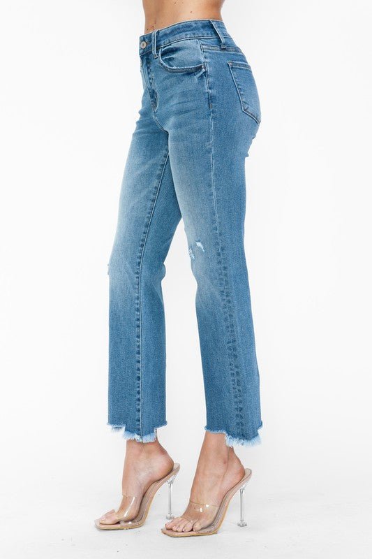 BYTOS - Medium Wash Raw Hem Mid Rise Crop Jeans