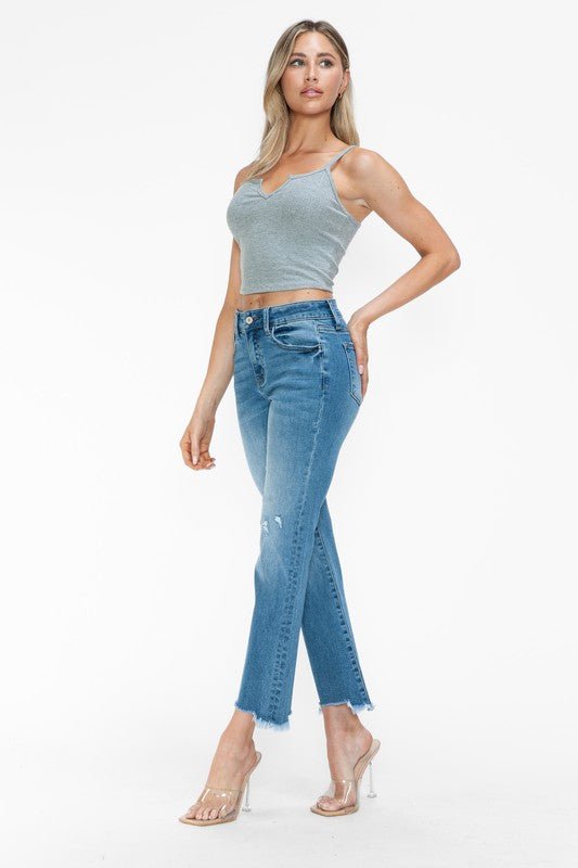 BYTOS - Medium Wash Raw Hem Mid Rise Crop Jeans