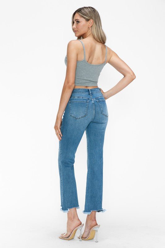 BYTOS - Medium Wash Raw Hem Mid Rise Crop Jeans