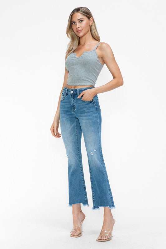 BYTOS - Medium Wash Raw Hem Mid Rise Crop Jeans