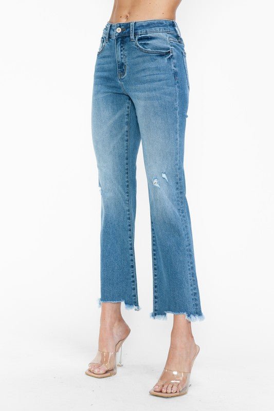 BYTOS - Medium Wash Raw Hem Mid Rise Crop Jeans