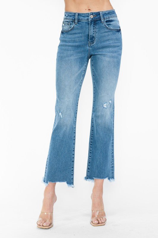 BYTOS - Medium Wash Raw Hem Mid Rise Crop Jeans