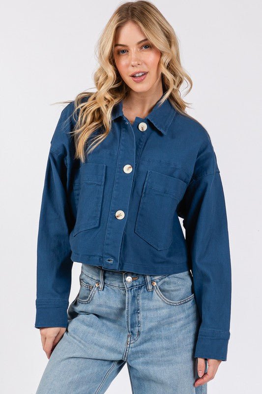 BYTOS - Peacock Blue Button Down Cropped Denim Jacket