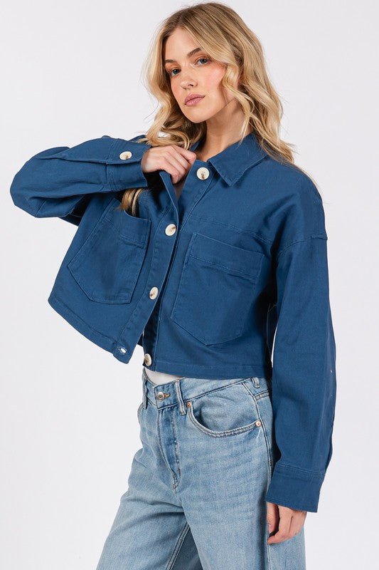 BYTOS - Peacock Blue Button Down Cropped Denim Jacket