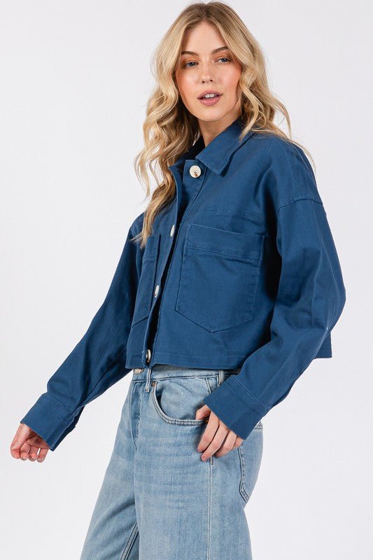 BYTOS - Peacock Blue Button Down Cropped Denim Jacket