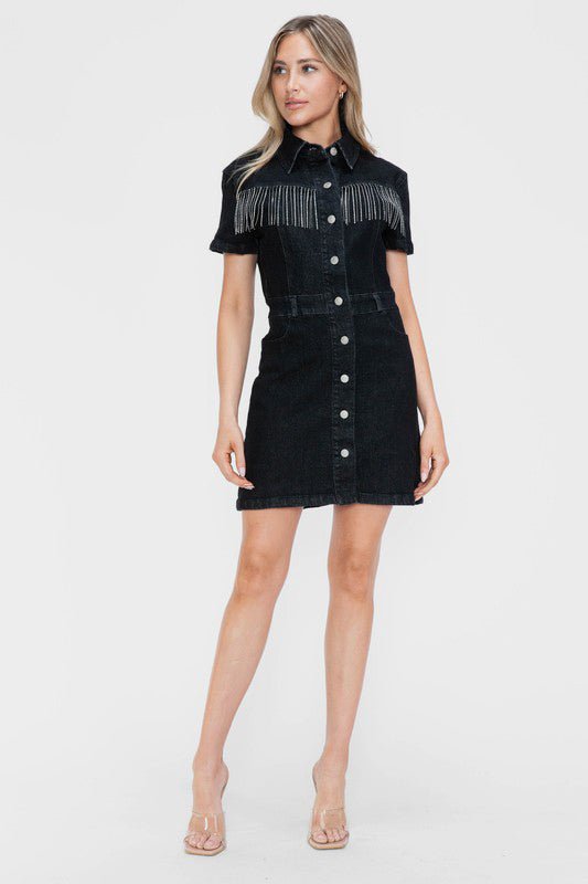 BYTOS - Rhinestone Fringe Black Denim Mini Dress