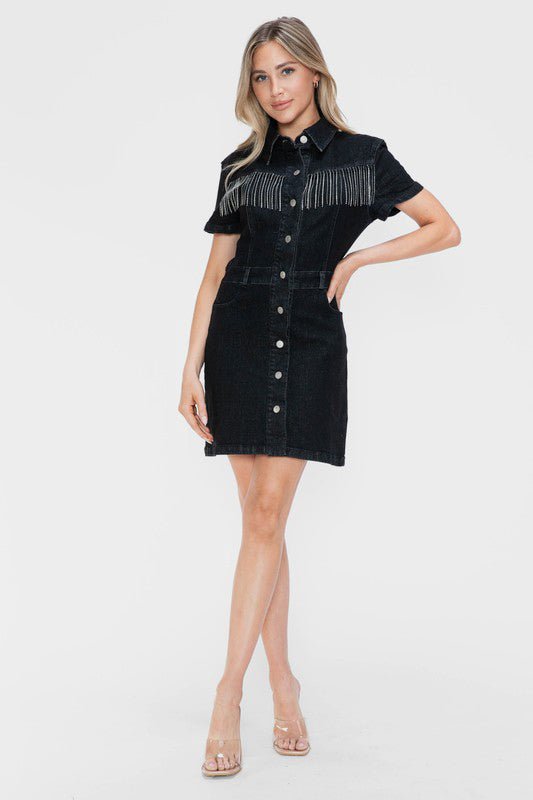 BYTOS - Rhinestone Fringe Black Denim Mini Dress