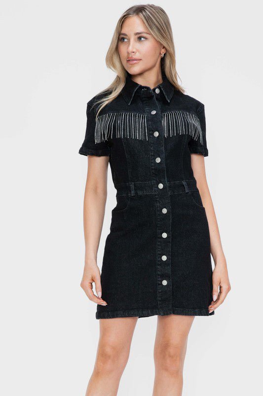 BYTOS - Rhinestone Fringe Black Denim Mini Dress