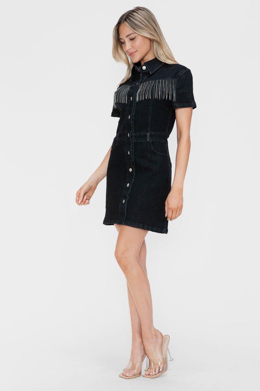 BYTOS - Rhinestone Fringe Black Denim Mini Dress