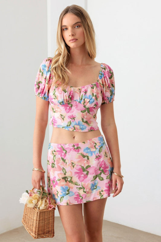 Pink Floral Puff Sleeve Crop Top and Mini Skirt Set