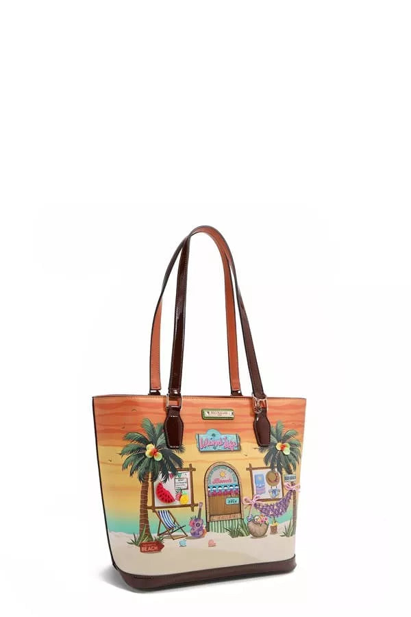 Tote bag with a colorful design of a beach scene on a white background