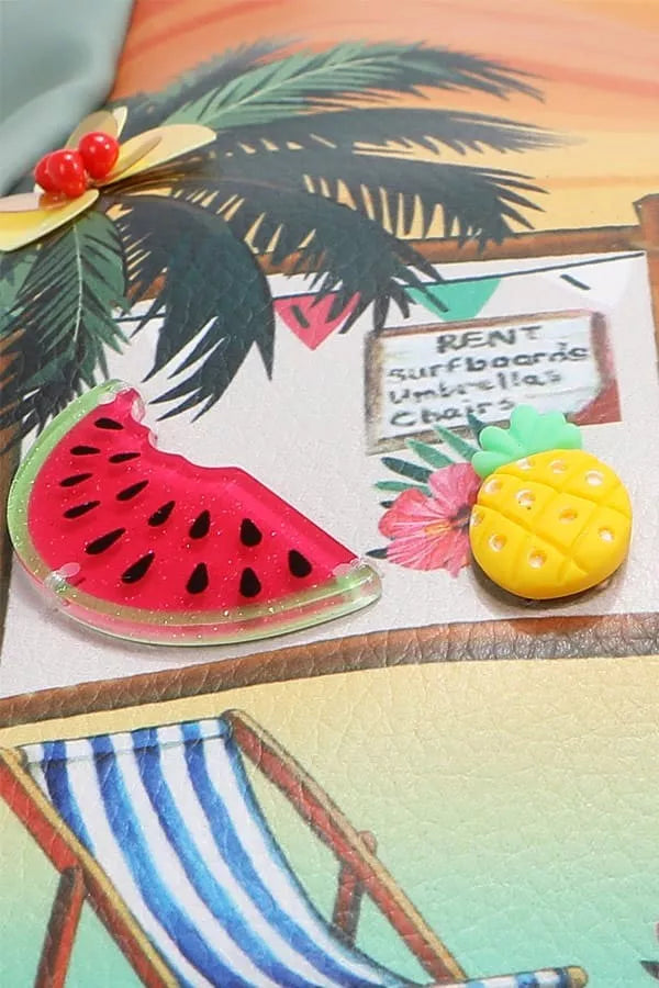 Colorful summer-themed items including a watermelon slice, pineapple, and deck chair on a tropical background.