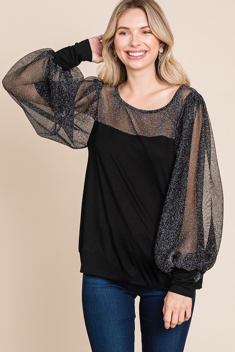 Black Metallic Sheer Lantern Sleeve Blouse