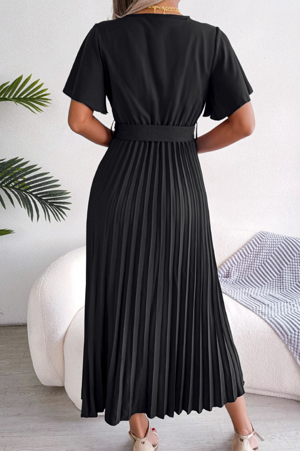 Pleated Flutter Sleeve Tie Waist Midi Dress