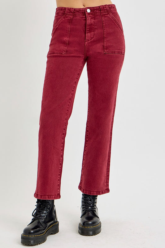 High Rise Straight Leg Jeans in Wine