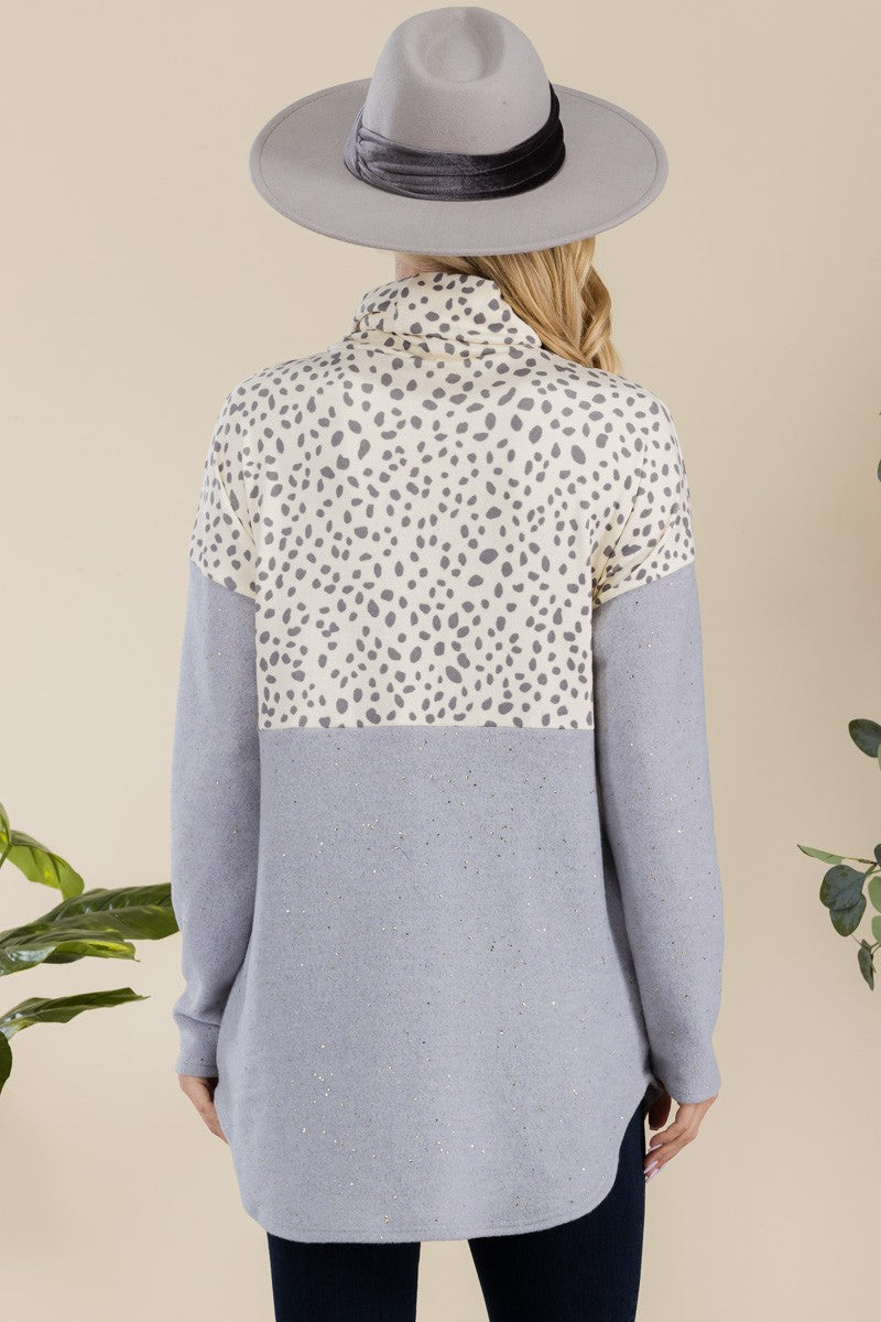 Grey Printed Long Sleeve Turtleneck Blouse