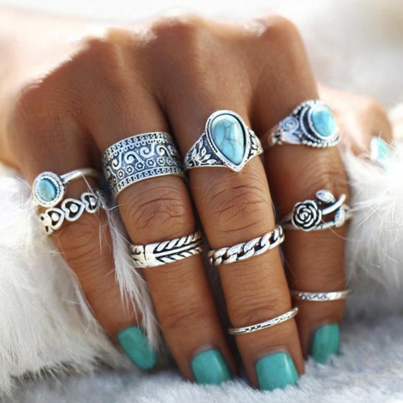 Silver Turquoise 10-Piece Ring Set