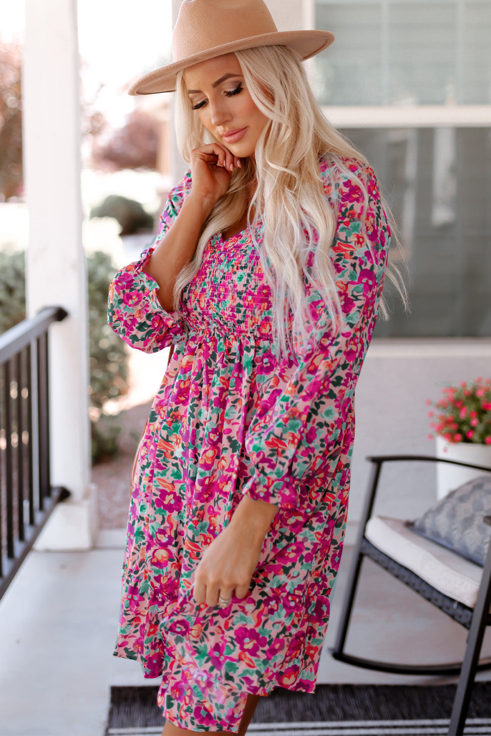 Floral Smocked V-Neck Mini Dress