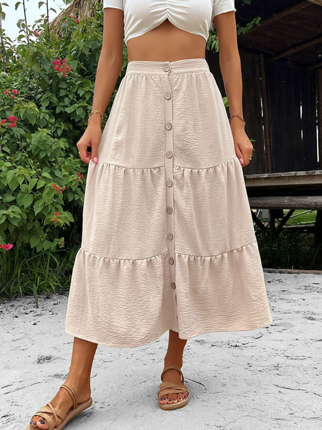 Beige Button Down Tiered Midi Skirt