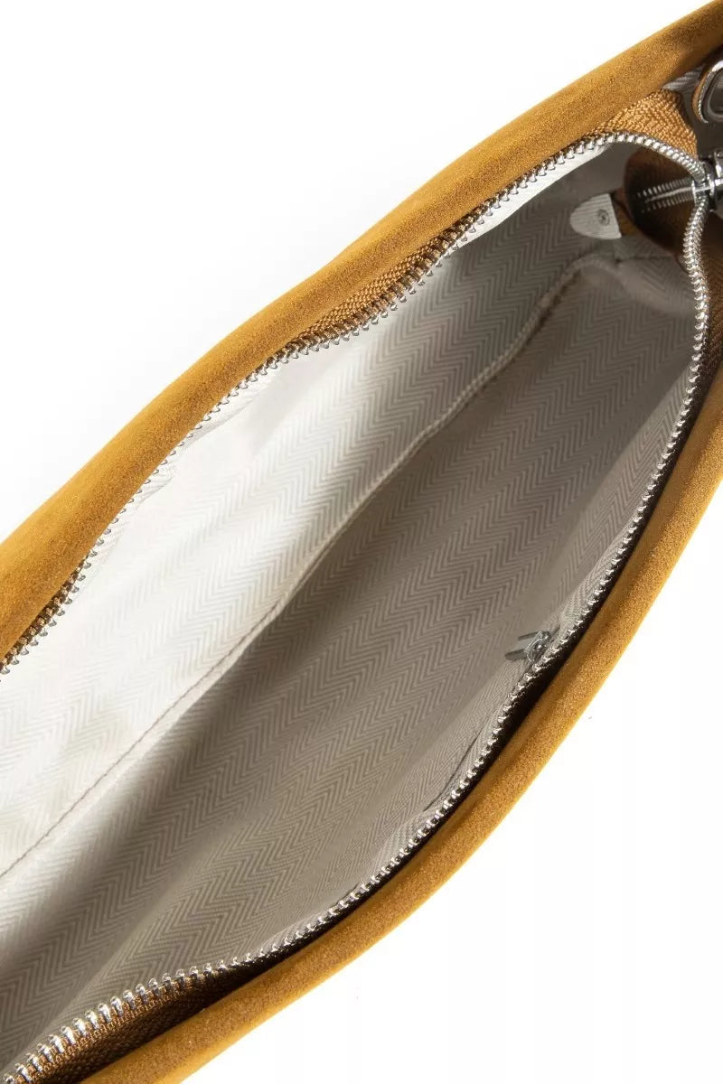 Close-up of a brown leather pouch with a zipper on a white background