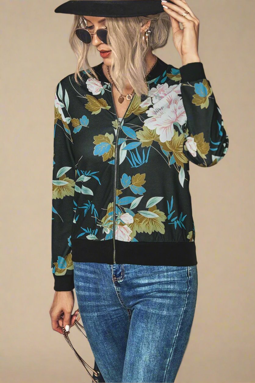 Floral Zip Up Bomber Jacket