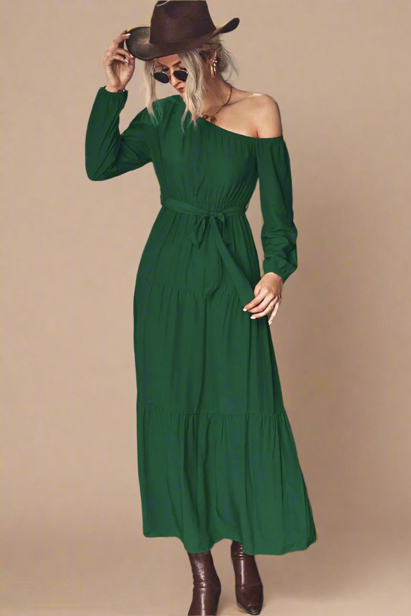 Belted One-Shoulder Tiered Maxi Dress