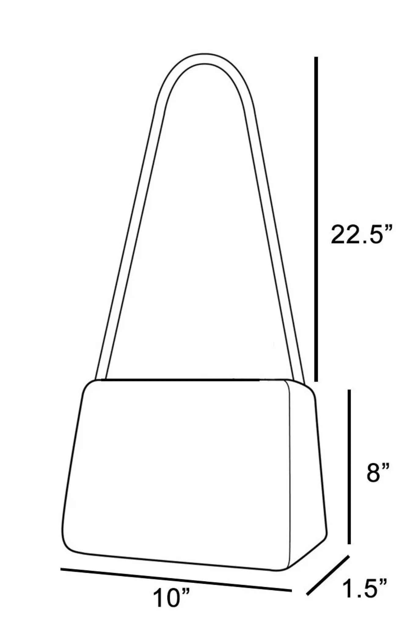 Line drawing of a handbag with dimensions labeled