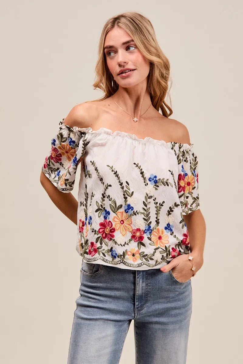 Woman wearing a floral off-shoulder top and jeans on a beige background