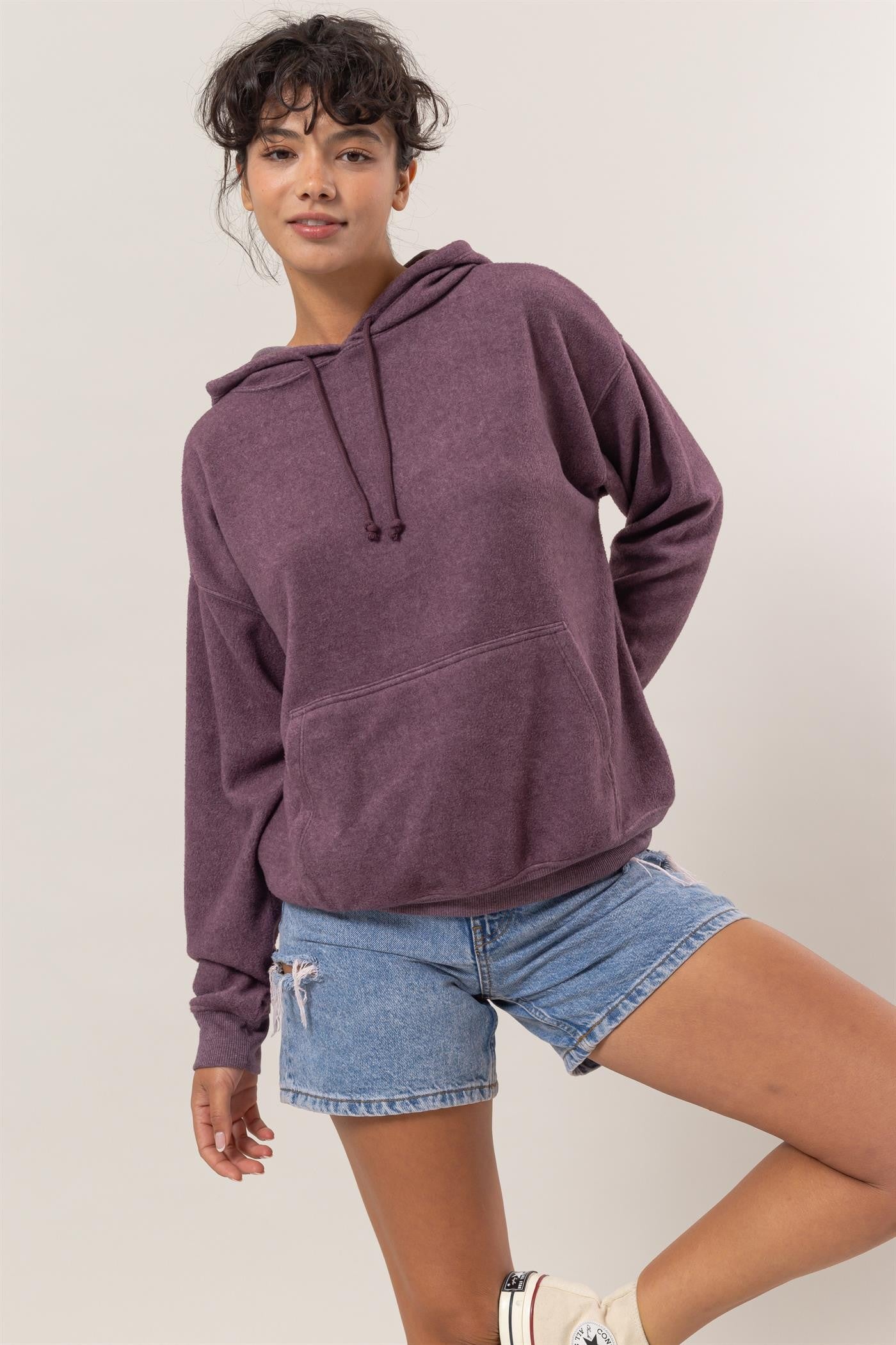 Brushed Long Sleeve Hoodie in Dark Plum