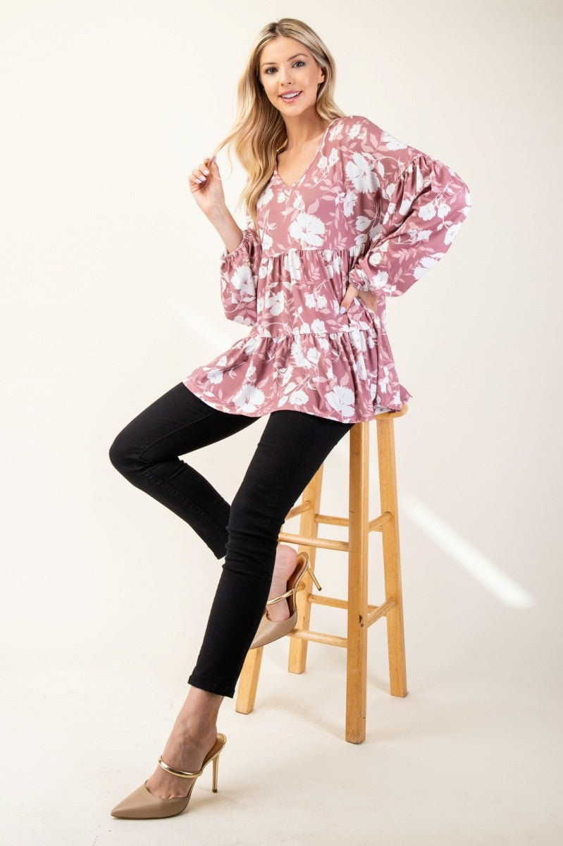 Floral V-Neck Long Sleeve Blouse in Mauve