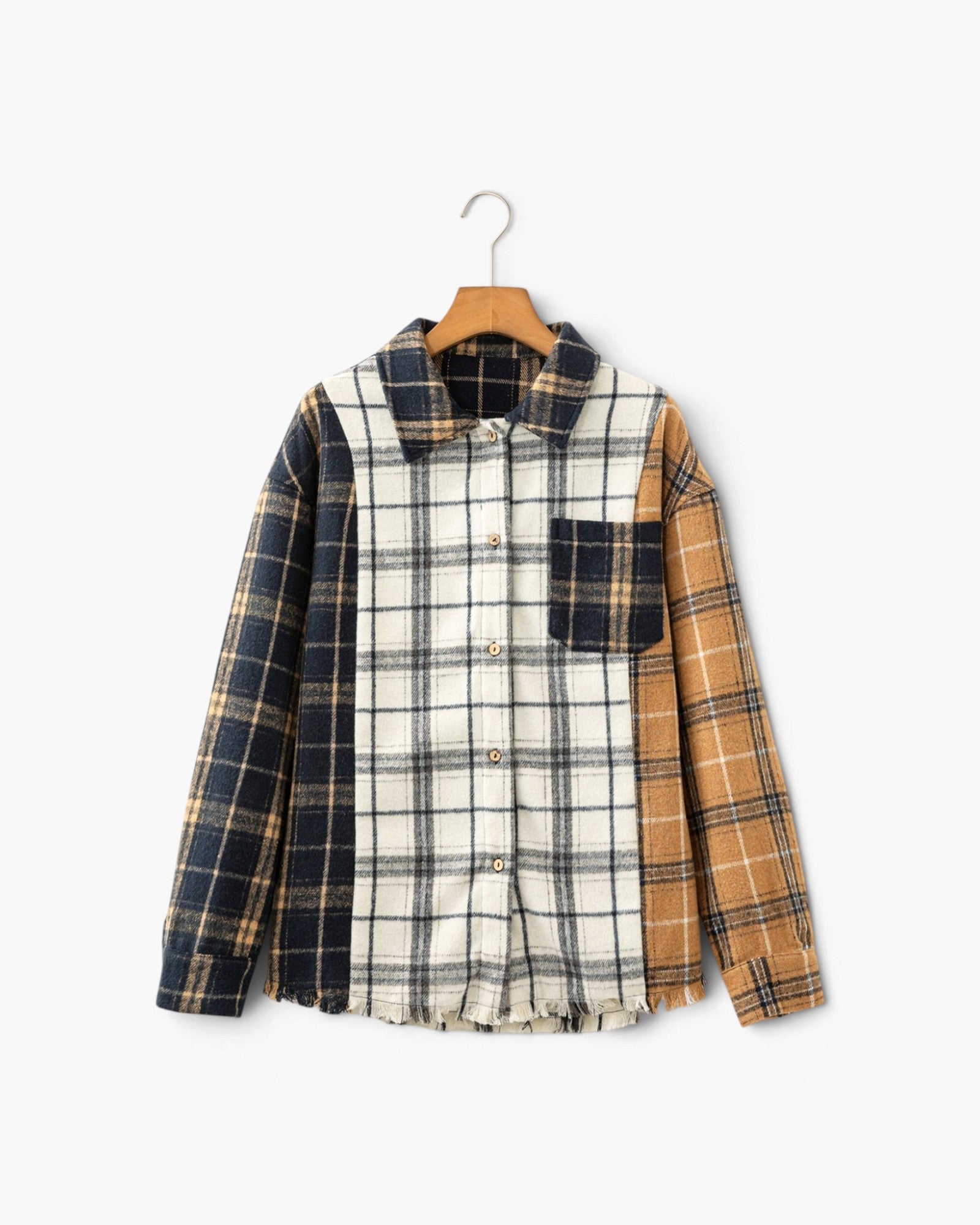 Cream, Camel & Navy Patchwork Plaid Shacket