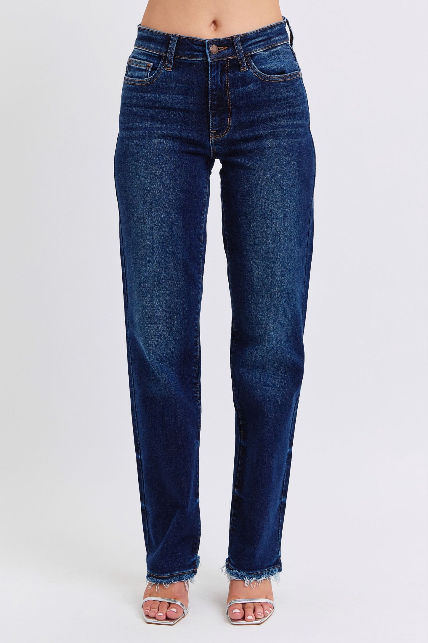 Dark Wash Raw Hem Straight Leg Jeans