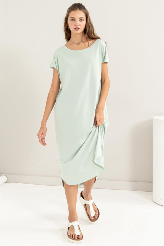 Short Sleeve High-Low Hem Midi Dress in Mint