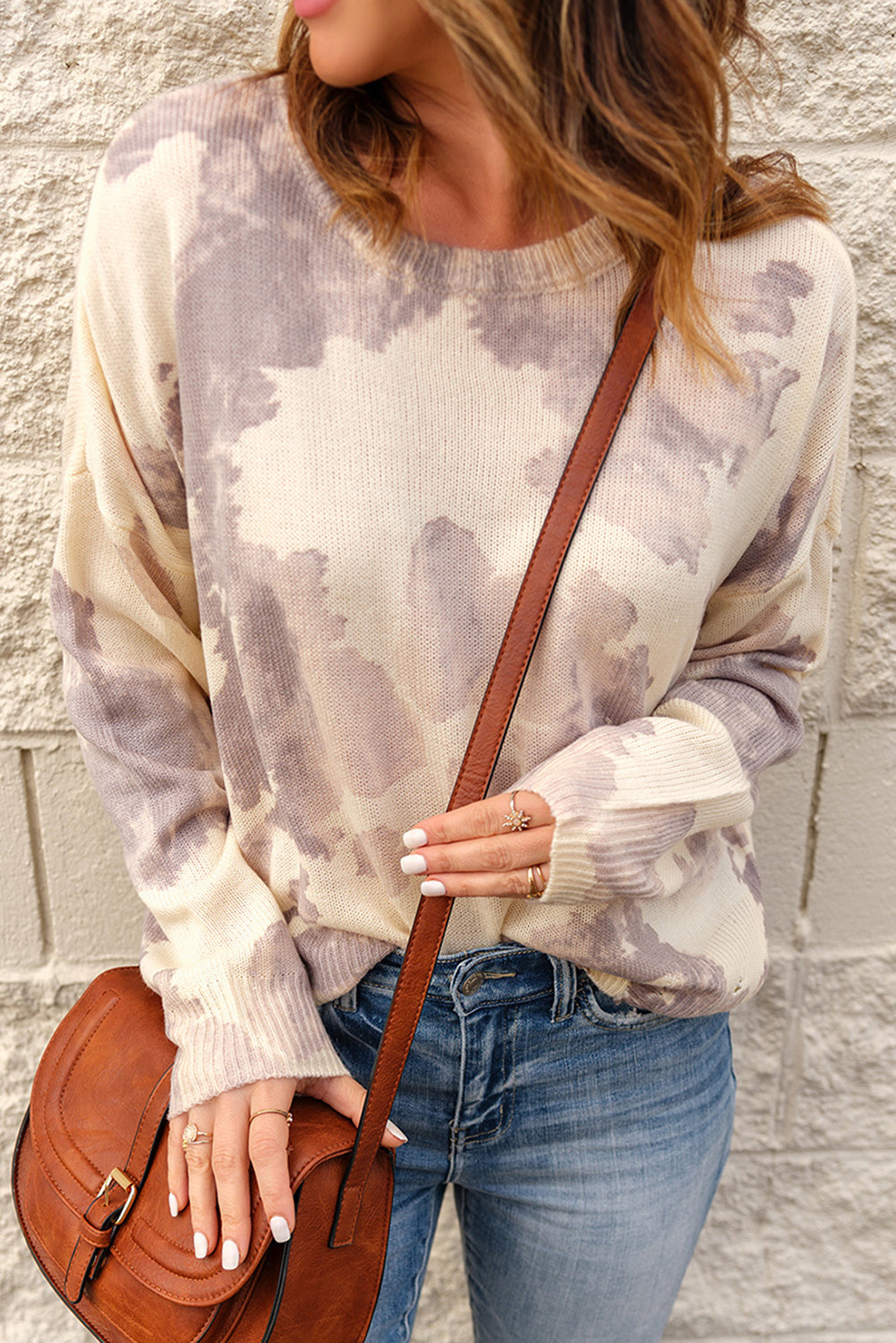 Beige Tie-Dye Distressed Sweater