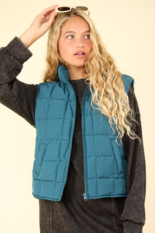 Zip Up Quilted Puffer Vest in Sea Foam