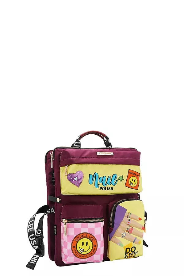Colorful backpack with smiley face designs on a white background